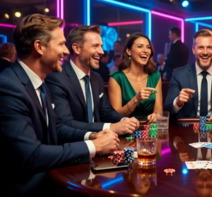 Goście bawiący się przy stole pokerowym podczas eventu
