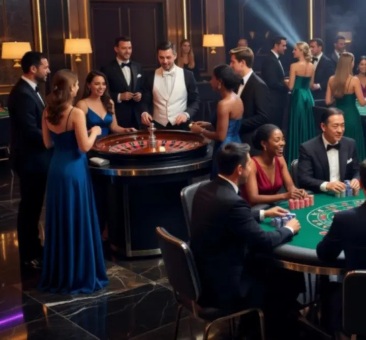 Typowy wieczór event casino z pokerem, ruletką i blackjackiem