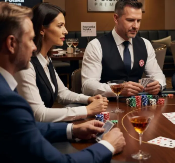 Uczestnicy bawiący się przy stole podczas wieczoru pokerowego